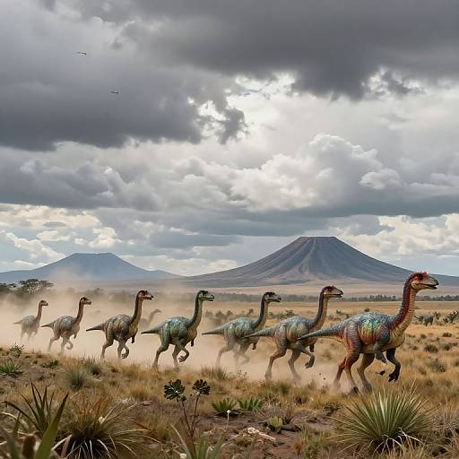 Photorealistic digital artwork of colorful, dinosaur-like creatures running across a dusty savanna with a distant volcanic mountain under a cloudy sky.