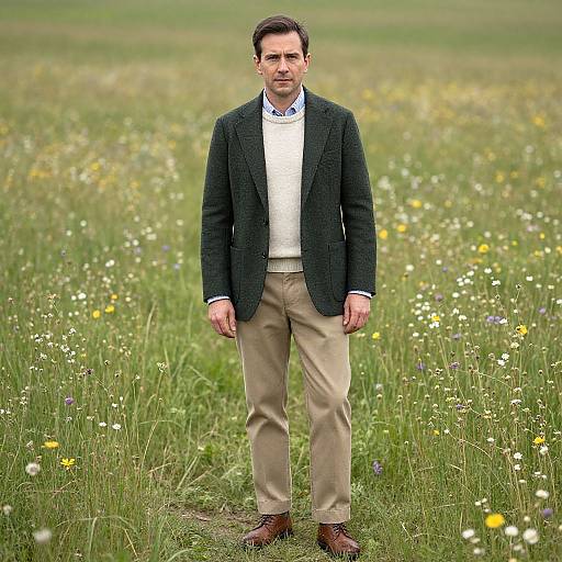 Photograph of a man standing in a field of wildflowers, wearing a black blazer, white sweater, blue shirt, beige pants, and brown