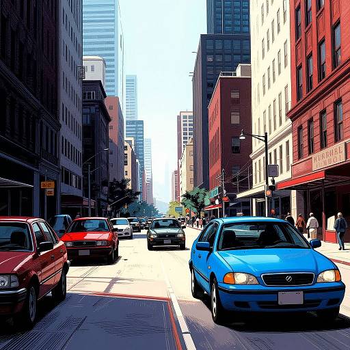 Digital artwork of a bustling urban street with blue, red, and black cars, tall buildings, and bright sunlight creating strong shadows.