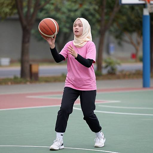 Photograph of a young Asian girl in a pink shirt, black pants, white sneakers, and beige hijab, dribbling a basketball on an outdoor