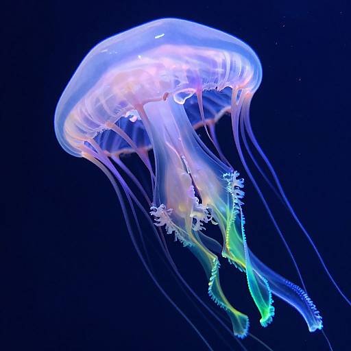 Photograph of a vibrant, translucent jellyfish with glowing blue, pink, and green tentacles against a dark blue ocean background.