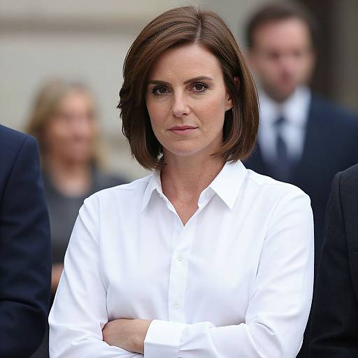 Photograph of a serious-looking woman with short brown hair, wearing a white button-up shirt, arms crossed, blurred background with people in formal attire.