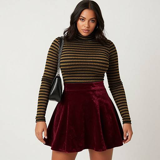 Photograph of a woman with long black hair, wearing a black and gold striped turtleneck, maroon velvet skirt, and black shoulder bag,