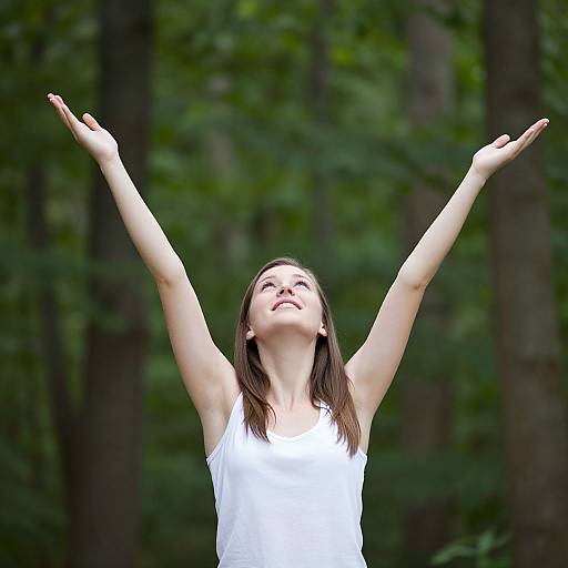 Photograph of a smiling young woman with fair skin and brown hair, wearing a white sleeveless top, arms raised joyfully in a forest with lush