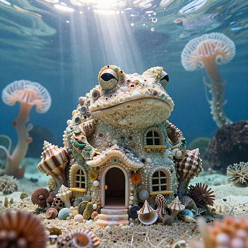 Underwater photograph of a whimsical, coral-covered frog house with arched windows, surrounded by jellyfish and sea creatures, bathed in sunlight.