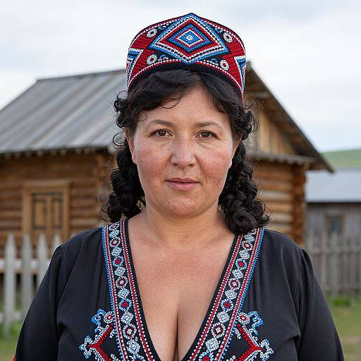 Photograph of a middle-aged Asian woman with curly black hair, wearing a red embroidered headscarf and black blouse with intricate blue and white patterns,