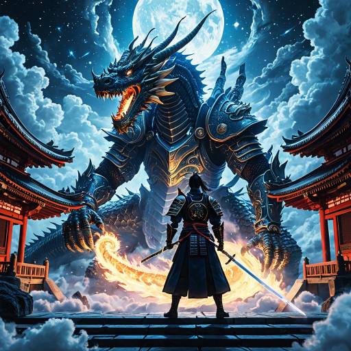 Armored Samurai Facing Fire-Breathing Dragon in Ethereal Temple