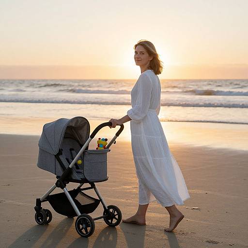Photograph of a smiling woman in a white, long-sleeve dress, pushing a stroller with a toy at sunset on a beach.