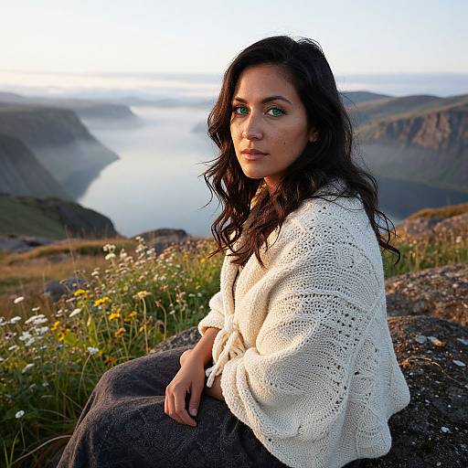 Photograph of a young woman with long dark hair, green eyes, and fair skin, wearing a white knitted sweater, sitting on a rocky hill