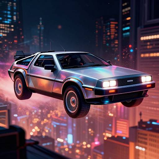 Photorealistic CGI of a silver, 1980s-era Chevrolet Monte Carlo flying above a neon-lit, bustling city skyline at night.