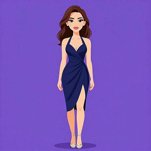 Digital illustration of a fair-skinned woman with brown hair, wearing a dark blue, halter-neck, wrap-style dress with a high slit, white