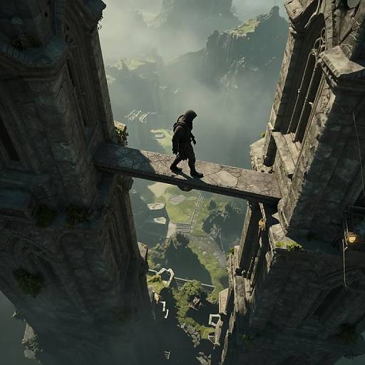Digital art of a lone adventurer walking a narrow wooden bridge between towering, ancient ruins, overlooking a misty, mountainous landscape below.