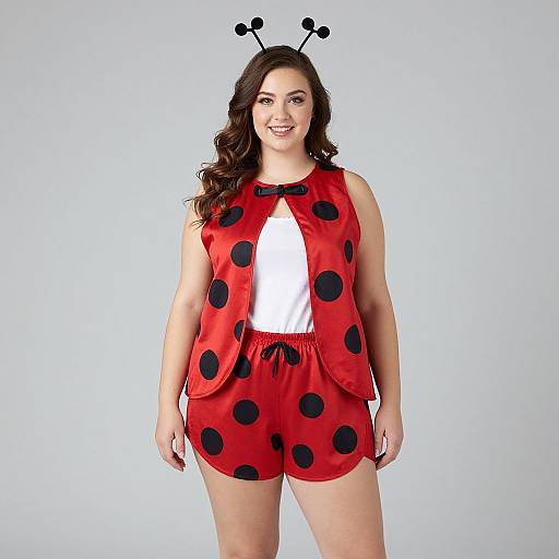 Photograph of a curvy, smiling woman with long brown hair, wearing a red polka dot costume with black antennae, white shirt, and