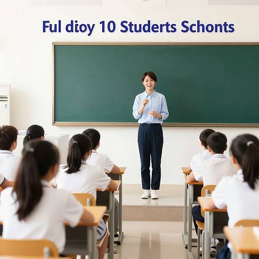 Photograph of an Asian male teacher in light blue shirt and dark pants standing in front of a green chalkboard, addressing seated Asian female students in white