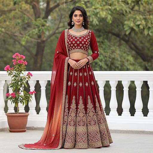 Photograph of an Indian woman in a red and gold embroidered traditional lehenga choli, standing outdoors on a white balustrade, with potted