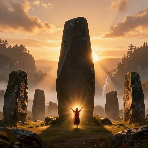 Digital art of a silhouetted figure with arms raised, standing before a tall monolith at sunrise, surrounded by ancient stone structures and a waterfall