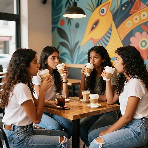Four young women with curly and straight dark hair, wearing white tops and blue jeans, sit at a wooden table drinking coffee in a colorful, fish-pattern
