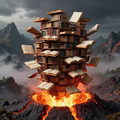 Surreal Floating Library Over Volcano