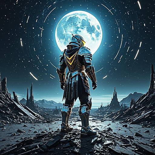 Celestial Knight in Glowing Armor on Shattered Moon