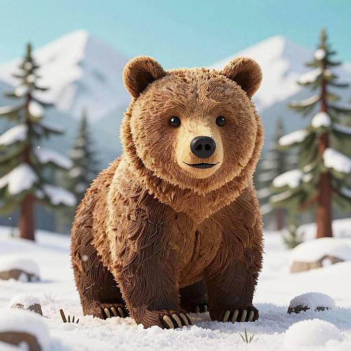 Photorealistic CGI of a fluffy brown bear with black nose and small ears standing in snowy forest, pine trees in background.