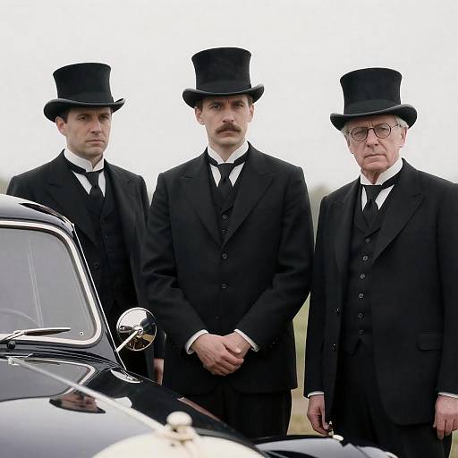 Serious Victorian Gentlemen Beside Black Car