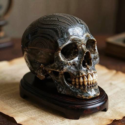 Polished Obsidian Skull with Tribal Patterns