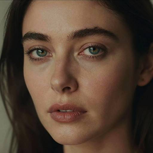 Close-up photograph of a young woman with fair skin, striking blue eyes, dark brown eyebrows, and subtle pink lipstick, looking intently at the camera