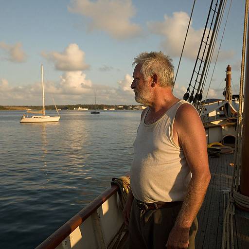 Photograph of a middle-aged, bearded man with gray hair wearing a white, sleeveless tank top, standing on a wooden ship deck, g