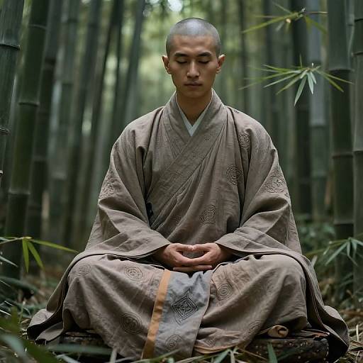 Photograph of a young, bald Buddhist monk with closed eyes, sitting cross-legged in a bamboo forest, wearing a brown, patterned robe.