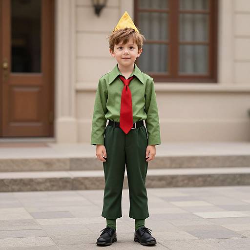 Photograph of a young boy wearing a yellow party hat, green shirt, red tie, green pants, and black shoes, standing on a stone sidewalk