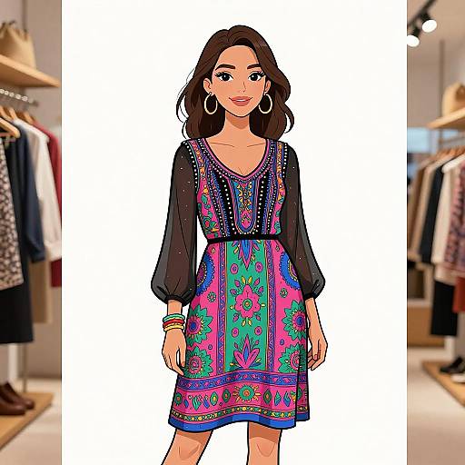 Digital illustration of a smiling woman with dark brown hair, wearing a colorful, embroidered dress with pink, blue, and green patterns, black sleeves, hoop