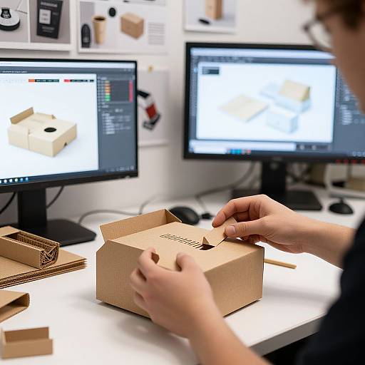 Photograph of hands assembling a cardboard box on a white desk in a modern workspace with two computer monitors displaying design software.