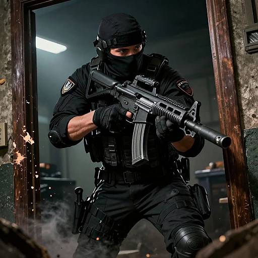 Photograph of a male SWAT officer in black tactical gear, mask, and helmet, aiming a rifle through a smoky, bullet-ridden doorway.