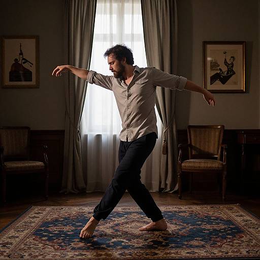 Photograph of a bearded man with curly hair, wearing a beige shirt and black pants, barefoot, dancing in a dimly lit room with