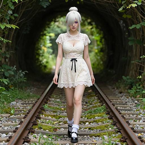 Digital artwork of a white-haired anime girl in a lacy white dress, black bow, and white socks, walking down a mossy, abandoned railway