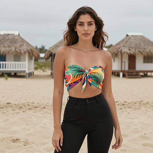 Photograph of a brunette woman with wavy hair, wearing a colorful tropical strapless top and black high-waisted pants, standing on a sandy