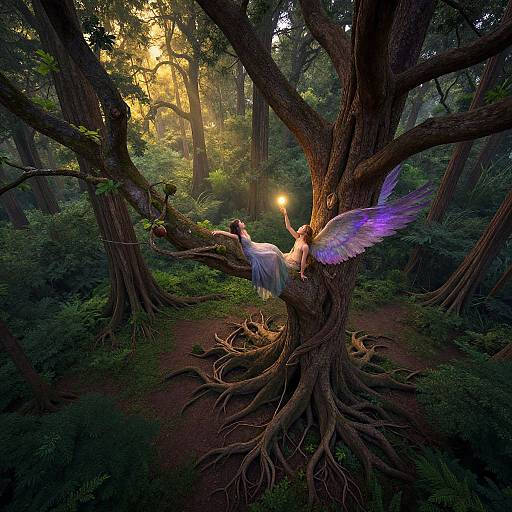 Fantasy photograph of a fairy with glowing wings and a small torch, perched on a gnarled tree in a sunlit, dense forest.