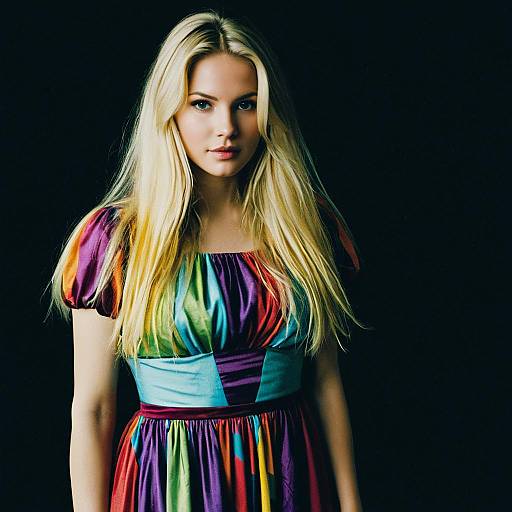 Blonde Woman in Multicolored Dress