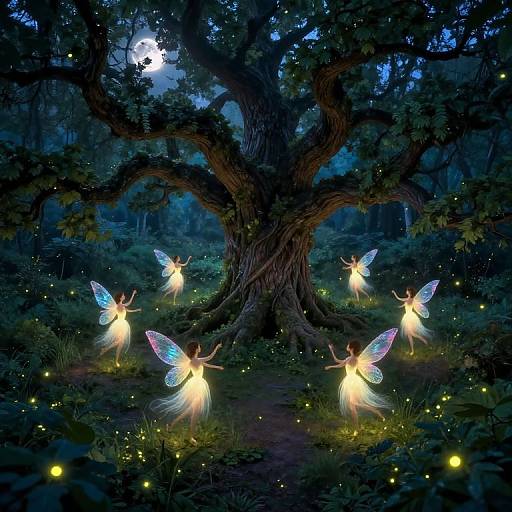 Digital fantasy illustration of glowing fairy-like creatures with iridescent wings, surrounded by fireflies, under a full moonlit, ancient tree in a dark