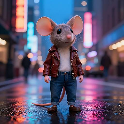 CGI image of an anthropomorphic mouse in a brown leather jacket, blue jeans, and brown shoes, standing on a neon-lit, rain-so