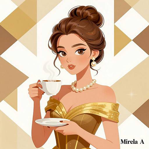 Elegant Woman in Gold Dress Holding Tea