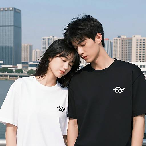 Digital artwork of an Asian couple with black hair, standing close; girl in white, boy in black, urban cityscape background.