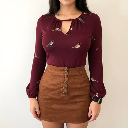 Casual Woman in Maroon Bird Print