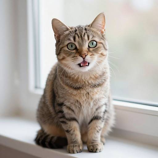 Photograph of a tabby cat with green eyes and striped fur sitting on a windowsill, mouth slightly open, looking alert. Bright sunlight behind.