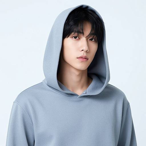 Photograph of an Asian man with straight black hair, wearing a light blue hoodie with the hood up, against a white background. His expression is neutral