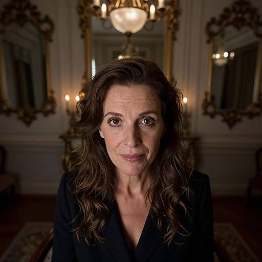 Photograph of middle-aged woman with wavy brown hair, wearing black blouse, standing in dimly lit, ornate room with gold mirrors and ch