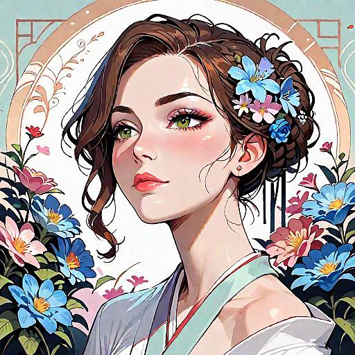 Art Nouveau Portrait of Woman with Floral Hairpiece