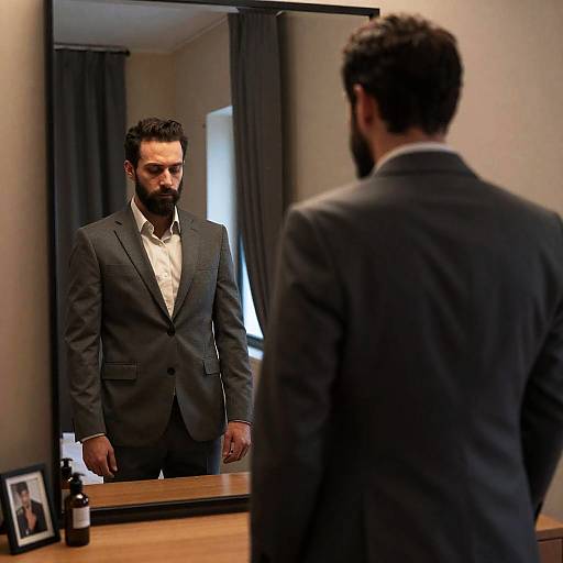 Man in Gray Suit Reflecting in Mirror