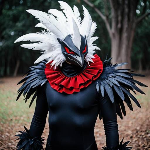 Darkrai Cosplay with Feathered Headpiece and Red Ruffled Collar