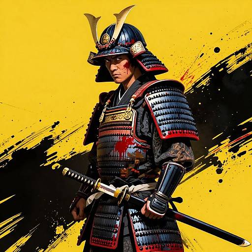 Tense Samurai in Traditional Armor with Blood-Streaked Katana